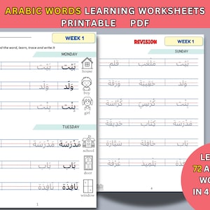 Arabic Learning Worksheets: 72 Essential Words for Beginners (PDF)