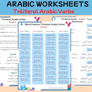 Può includere: Fogli di lavoro educativi in arabo con il titolo "ARABIC WORKSHEETS Triliteral Arabic Verbs" in uno schema di colori blu e rosso. I fogli di lavoro mostrano verbi arabi in Forma I, inclusi i Tipi A, B, C e D, con esempi di tempi presente e passato.