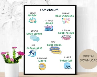 Islamic Affirmations Poster Printable for Muslim Kids, Wall art, Gift, Islamic Nursery Homeschooling