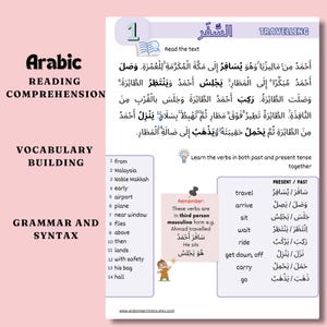 Peut inclure: Une feuille de travail colorée pour apprendre l'arabe. La feuille de travail comprend des exercices de construction de vocabulaire, de grammaire et de syntaxe, ainsi que de compréhension de la lecture. La feuille de travail comprend une section sur les voyages avec des verbes au passé et au présent.