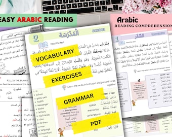 Könnte beinhalten: Lehrmaterialien zum Verständnis des arabischen Lesens. Das Bild zeigt Arbeitsblätter mit arabischem Text, Vokabeln, Übungen und Grammatikabschnitten. Die Arbeitsblätter sind für das Erlernen der arabischen Sprache konzipiert.