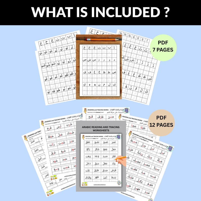May include: A collection of Arabic reading and tracing worksheets, including 7 and 12-page PDFs. The worksheets feature Arabic letters and words for practice, with a light blue background.