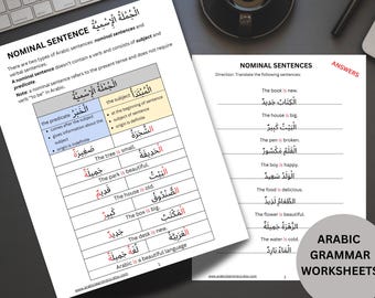 Hojas de trabajo de gramática árabe: dominar oraciones nominales (الجملة الاسمية) con práctica y respuestas