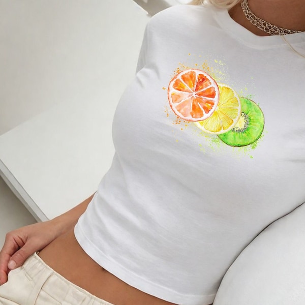 Citrus Fruits Retro 90s Baby Tee, Soft Y2K Aesthetic T-Shirt, Vintage Style Summer Top Aesthetic Fruit Shirt Boho Shirt Foodie Gift