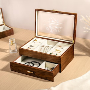 Glasdeckel 2-Schicht-Schmuckschatulle mit Schublade | Nussbaum Holz Schmuck Organizer für Ohrring Armband Halskette Ring Aufbewahrung | Geschenk für sie