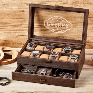 TWO Layers 12 Slot Personalized Men&#39;s Watch Box | Personalized Watch Storage Box | Groomsmen Gifts | Custom Watch Box for Husband  Father