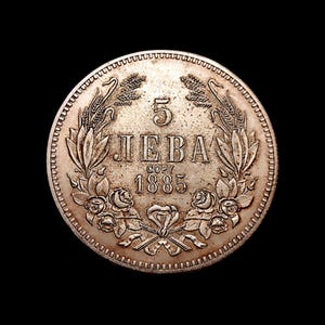 May include: A silver coin with intricate details, featuring the number "5" above the word "LEVA" and the year "1885". The coin is encircled by wheat stalks, roses, and a decorative border, set against a black background.