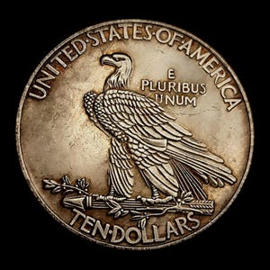 Op de afbeelding: Een zilveren munt met een adelaar met uitgespreide vleugels, zittend op een tak. De munt is gegraveerd met "UNITED STATES OF AMERICA", "E PLURIBUS UNUM" en "TEN DOLLARS". De munt heeft een versleten, antieke uitstraling.