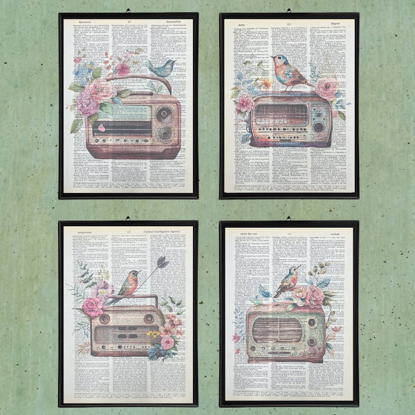 Radio Dictionary Prints Vintage Wall Art Retro Radio Wall Decor Vintage Radio Art Prints Watercolor Radio Prints Dictionary Paper