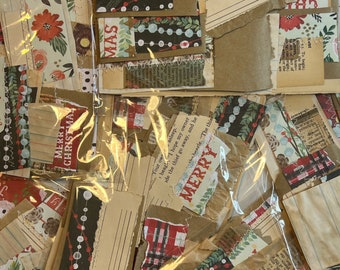 Christmas Paper Snippets Junk Journals Scrapbooking Mixed Media Vintage Stacked Paper Pieces Machine Stitched Junk Journal Ephemera Pieces