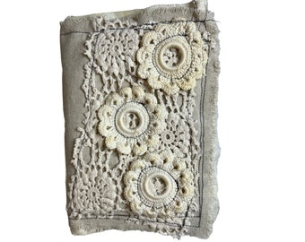 Junk Journal Neutral 9”x 6” Handmade Shabby Vintage Inspired Patchwork Floral Doily Lace Cover Double Signatures Blank Pages Art Journaling