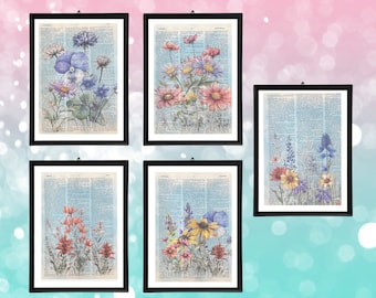 Wildflower Themed Dictionary Prints Floral Art Wall Decor Wildflower Prints Wall Art Set Botanical Wildflower Prints Floral Print Gift Set