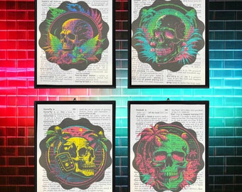 Neon Skull Dictionary Prints, Floral Neon Skull Art, Floral Art Wall Decor, Gift for Skull Lover Neon Skull Art Print Set of (4), Palm Tree