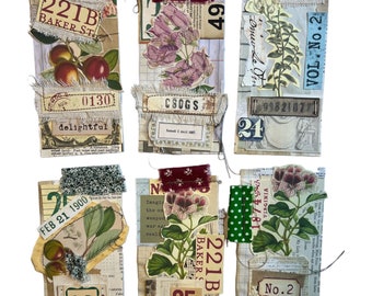 Junk Journal Ephemera Tags Journal Cards Mixed Media Style Handmade Set of Six 5.5” x 3.25” Mixed Lot W/ Floral Collage Typography Style Tag