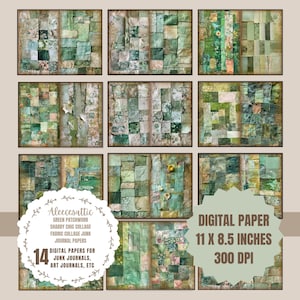以下が含まれることがあります： 緑の継ぎ接ぎ模様のデジタルペーパー14枚セット。使い古したようなヴィンテージな風合い。サイズは11 x 8.5インチ、解像度は300 DPI。ジャンクジャーナル、アートジャーナル、その他のクリエイティブなプロジェクトに最適です。