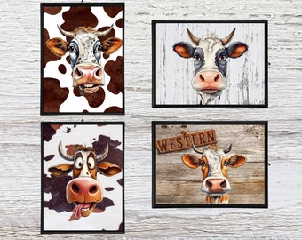 Crazy Cow Themed Bundle Mailed Prints, Set (4) Cow Prints, Printed Mailed Wall Decor, Cow Face 8.5" x 11" Gallery Wall Art, Funny Cow Prints