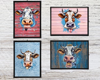 Crazy Cow Themed Bundle Mailed Prints, Set (4) Cow Prints, Printed Mailed Wall Decor, Cow Face 8.5" x 11" Gallery Wall Art, Funny Cow Prints