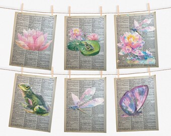 Frog Butterfly Dragonfly Lily Pad Lotus Flower Dictionary Prints Vintage Prints Wall Decor Dictionary Pages Home Decor Colorful Art Prints