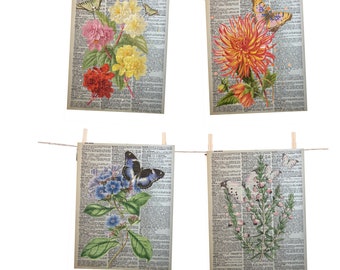 Flower Themed Dictionary Prints, Butterfly Floral Dictionary Art, Flower Wall Art Garden Decor, Vintage Book Print Flower Gift for Gardener