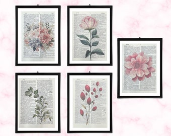 Flower Themed Dictionary Prints, Pink Floral Dictionary Art, Flower Wall Art Garden Decor, Vintage Book Print Flower Gift for Gardeners