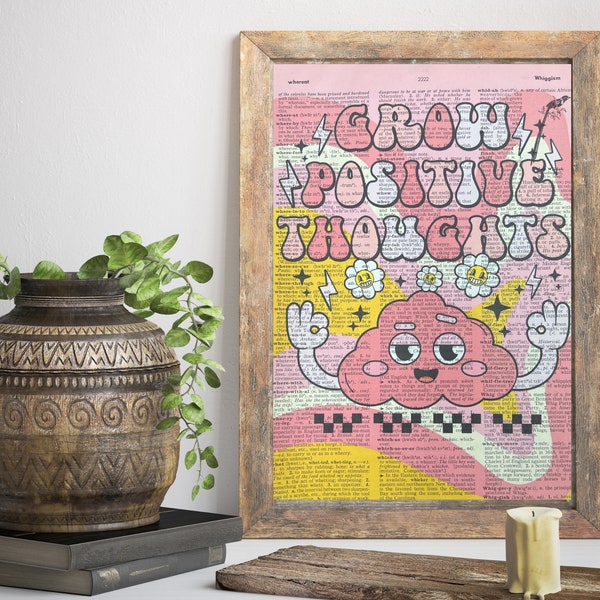 Retro Art Print Groovy 70s Affirmation Print Vintage Style Dictionary Print Single Page 70's Retro Hippie Wall Art Grow Positive Thoughts