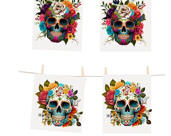 Sugar Skull Themed Mailed Prints, Floral Sugar Skull Art, Mexican Art Wall Decor Gift for Sugar Skull Lover, Set (4) Floral Skull Art Prints