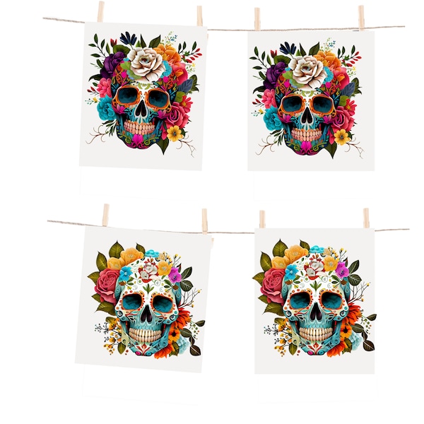 Sugar Skull Themed Mailed Prints, Floral Sugar Skull Art, Mexican Art Wall Decor Gift for Sugar Skull Lover, Set (4) Floral Skull Art Prints