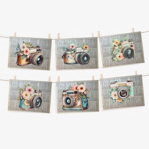Vintage Camera Themed Dictionary Prints Floral Watercolor Design Photographer Gift Shabby Chic Wall Art Set of 6 Camera Decor Collector Gift