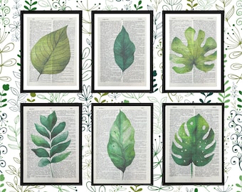 Plant Themed Dictionary Prints, Botanical Leaf Wall Art, Leaf Themed Art Prints Dictionary Pages, Watercolor Plant Illustrations Art Print