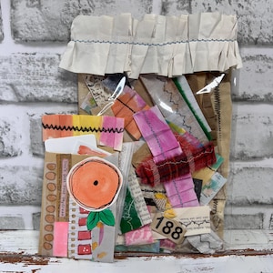 Handmade Stitched Snippets and Clusters 50 Piece Fabric, Paper Lace Ephemera for Junk Journals, Scrapbooking Mixed Media Ephemera Strip