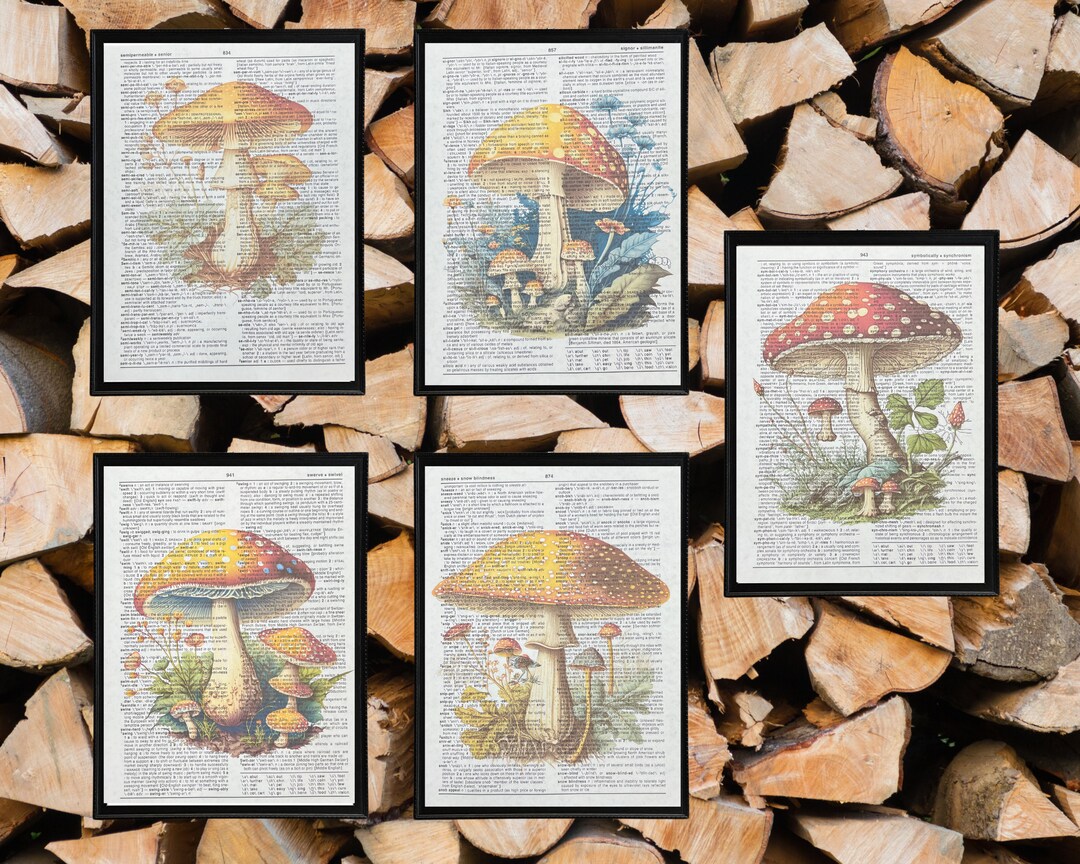 Mushroom Dictionary Prints Set of 5, Cottagecore Style, Recycled, Eco