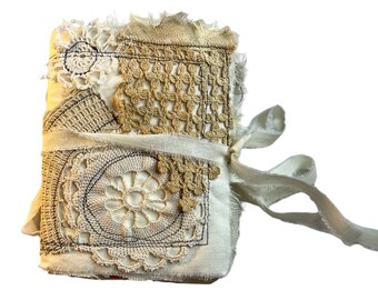 Mini Junk Journal Neutral 6.5”x 6” Handmade Shabby  Vtg Inspired Patchwork Floral Doily Cover Double Signatures Blank Pages Art Journaling