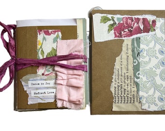 Mini Blank Junk Journal  5.5 x 4.5” Handmade Shabby Floral Coffee Dyed Papers Vintage Inspired Handmade Extra Ephemera Envelope Tags Tickets