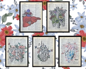 Dictionary Prints of Anatomy Art, Heart Floral, Rib Cage Floral, Liver Floral, Watercolor Flowers, Anatomical Prints with Flowers for Gifts