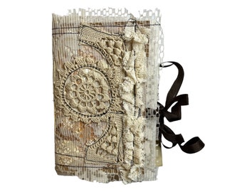 Junk Journal Neutral 9.5”x 6.5” Handmade Shabby Vtg Inspired Doily Lace Cover Double Signatures Blank Pages Art Journaling Ribbon Closure