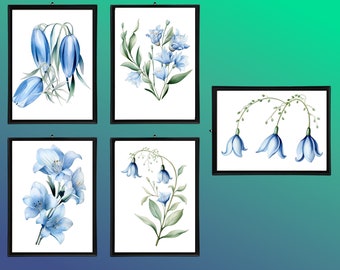 Blue Flower Themed Bundle Mailed Prints, Set of 5 Prints, Printed Mailed Wall Decor, 8.5" x 11" Gallery Wall Art, Flower Gift for Gardener,