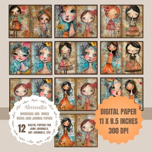 Boho Whimsical Girl Faces Mixed Media Collage Art Junk Journal Pages Set of 12 Digital Downloads Art Journal Kit Collage Handwriting Papers