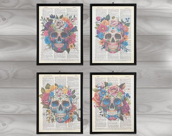 Sugar Skull Dictionary Prints Floral Sugar Skull Art Mexican Art Wall Decor Gift for Sugar Skull Lover Mexican Sugar Skull Art Print