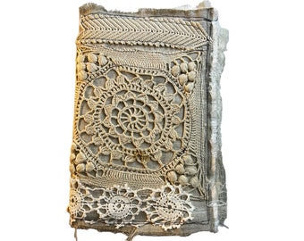 Junk Journal Neutral 9”x 6” Handmade Shabby Vintage Inspired Patchwork Floral Doily Lace Cover Double Signatures Blank Pages Art Journaling