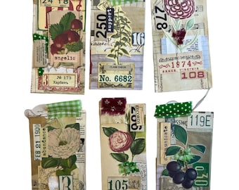 Junk Journal Ephemera Tags Journal Cards Mixed Media Style Handmade Set of Six 5.5” x 3.25” Mixed Lot W/ Floral Collage Typography Style Tag