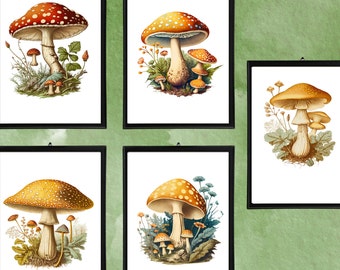 Mushroom Themed Bundle Mailed Prints, Set of 5 Mushroom Prints, Printed Mailed Wall Decor, Mushroom Dorm Decor, 8.5" x 11" Gallery Wall Art