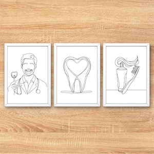 Dentist Clinic One line Art, Dentistry Office Wall Art, Orthodontics Surgery, Anatomy Artwork, Medical Teeth Posters, Set of 3 Prints