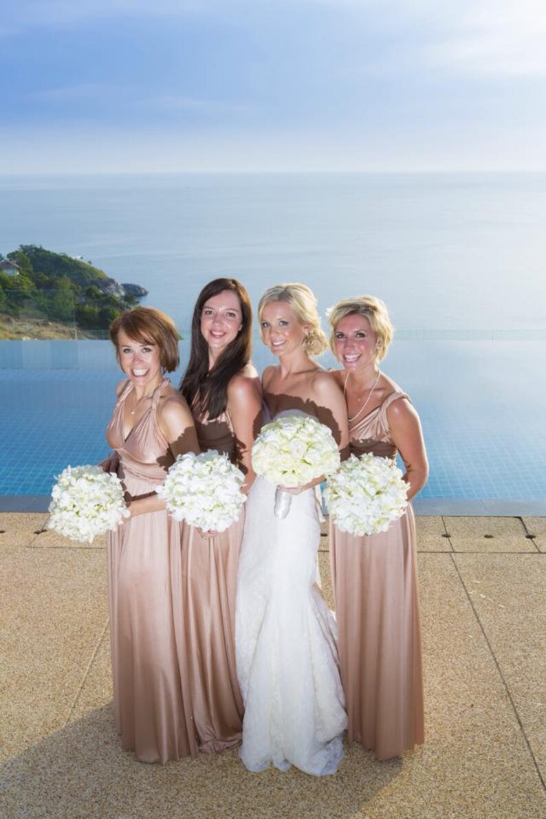 Upscale Tailored Infinity Dress Multiway Convertible Dresses Wedding Free swatches Rosegold Blush Rose Taupe Sage Dusty Blue Made in USA