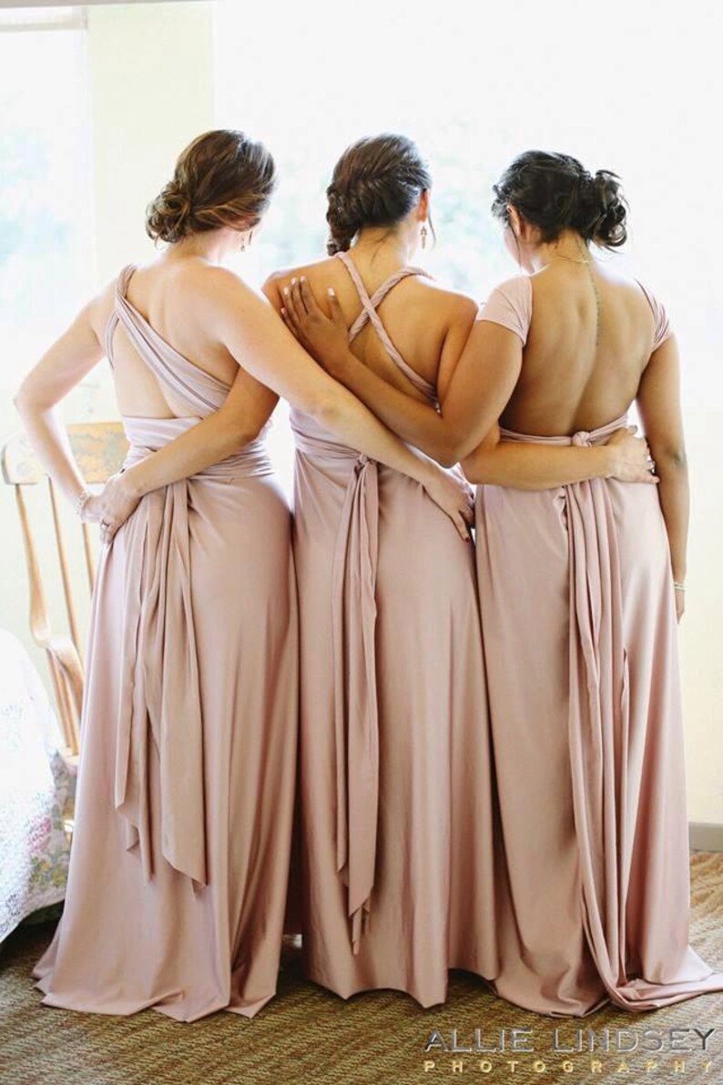 Upscale Tailored Infinity Dress Multiway Convertible Dresses Wedding Free swatches Rosegold Blush Rose Taupe Sage Dusty Blue Made in USA