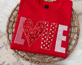 Love Applique Sequin Sweatshirt, Love Sweatshirt, Embroidered Valentine Shirt, Valentine's Day Sweatshirt, VDay Gift, Valentine Crewneck