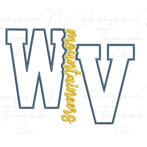 May include: An embroidery design featuring the letters W and V in a large, block-style font with white centers and dark blue outlines. The word mountaineers is stitched vertically in a yellow, cursive script between the two letters.