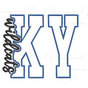 May include: An embroidery design featuring the letters KY in a large, white, block-style font with a blue outline. The word Wildcats is written vertically in a black, cursive-style font with a blue outline, positioned to the left of the letters.