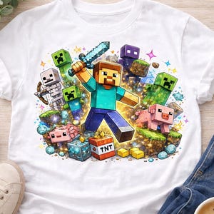 以下が含まれることがあります： 白いTシャツに、カラフルなマインクラフトをテーマにしたグラフィック。剣を持ったピクセル化されたキャラクター、TNT、豚、クリーパーなどのゲーム要素が含まれています。Tシャツはジーンズとスニーカーと組み合わせて表示されています。