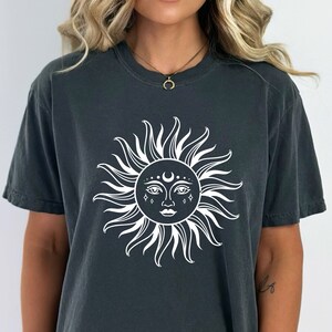 Celestial Comfort Colors Shirt, Moon Phase T-shirt, Boho Moon Outfit, Spiritual Moon Women Clothing Gifts, Boho Mystical Moon And Sun Tee