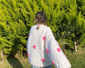 rosa Herz Wollpullover, Mode Pullover, oversize Pullover, handgestrickter Pullover, original entworfen Pullover, Kleidung, Kleidung, neue Saison